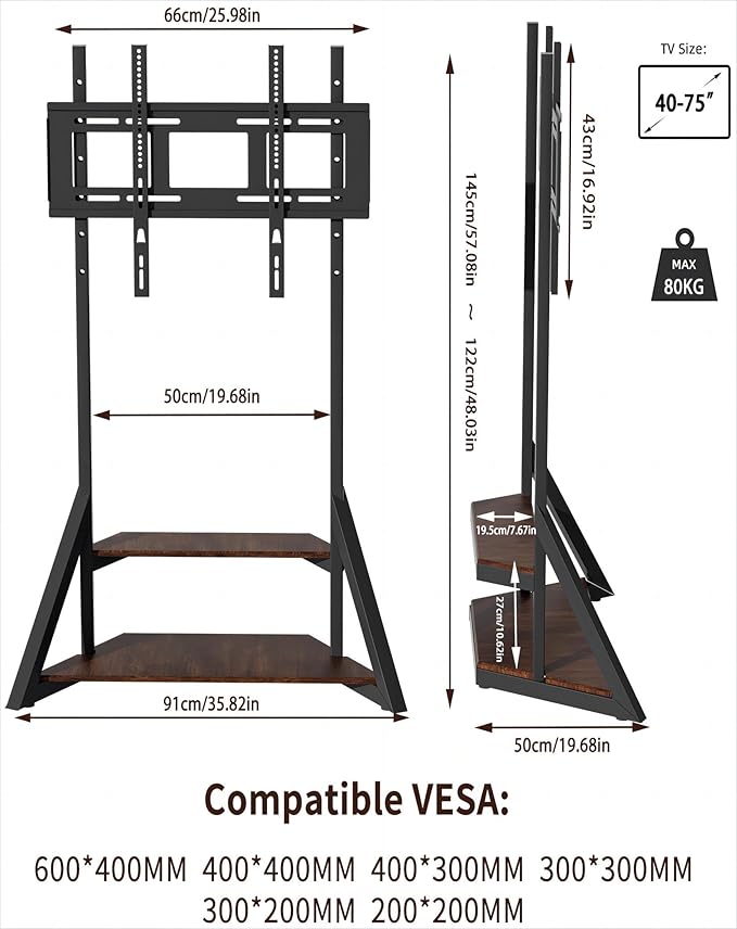 unho Floor TV Stand with Mount, for 40 45 55 65 75 inch Corner tv Stand with Wheels Adjustable Height Bracket Heavy Duty 2 Wooden Shelves Base VESA 600x400mm Max Load Bearing 176 pounds