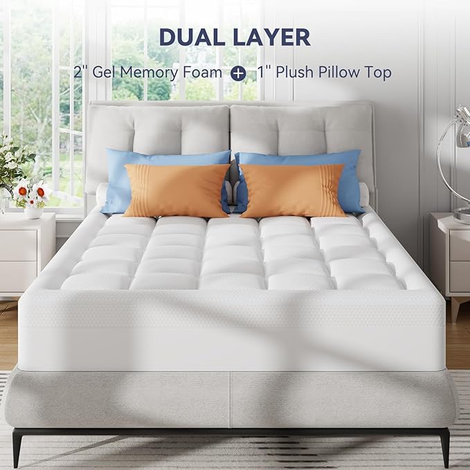 ELEMUSE Twin Size Dual Layer 3 Inch Memory Foam Mattress Topper, 2 Inch Cooling Gel Memory Foam and 1 Inch Thick Soft Pillow Top Mattress Pad Cover for Back Pain Relief, Bed Topper for Side Sleep