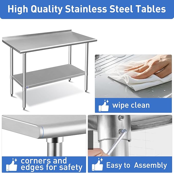 ROCKPOINT Stainless Steel Table for Prep & Work with Backsplash 18x72 Inches, NSF Metal Commercial Kitchen Heavy Duty Table with Adjustable Under Shelf and Table Foot for Restaurant, Home and Hotel