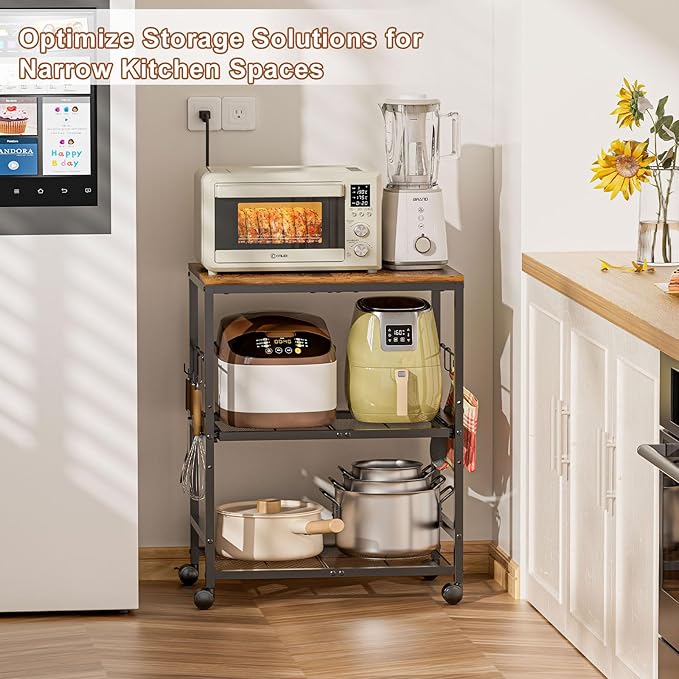 Microwave Cart with Adjustable Drawer Slider Shelves, 3 Tier Rolling Kitchen Microwave Stand with Storage, Small Kitchen Utility Cart on Lockable Wheels, Coffee Cart with Hooks