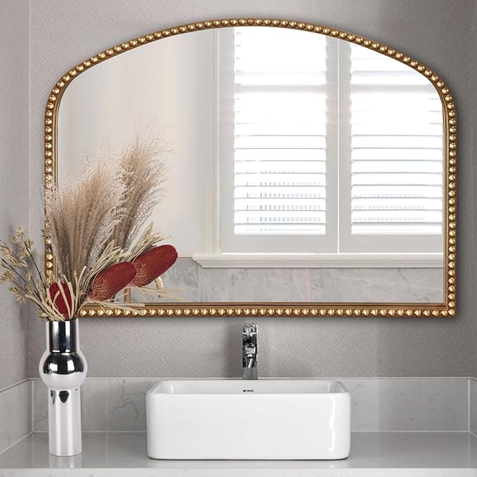ironsmithn Gold Arched Mirror, 28"x36" Antique Mirrors with Beaded Frame, Classic Vintage Decorative Mirror, Marlowe Accent Mirrors for Mantel Fireplace Bedroom Bathroom Living Room Entryway