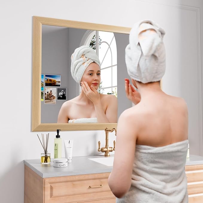 Amorho 40X30 Inch Bathroom Mirror for Wall, Oak Wood Grain Metal Framed Mirror, Anti-Rust, Hang Horizontally/Vertically, Suitable for Vanity, Bedroom, Farmhouse, Bathroom