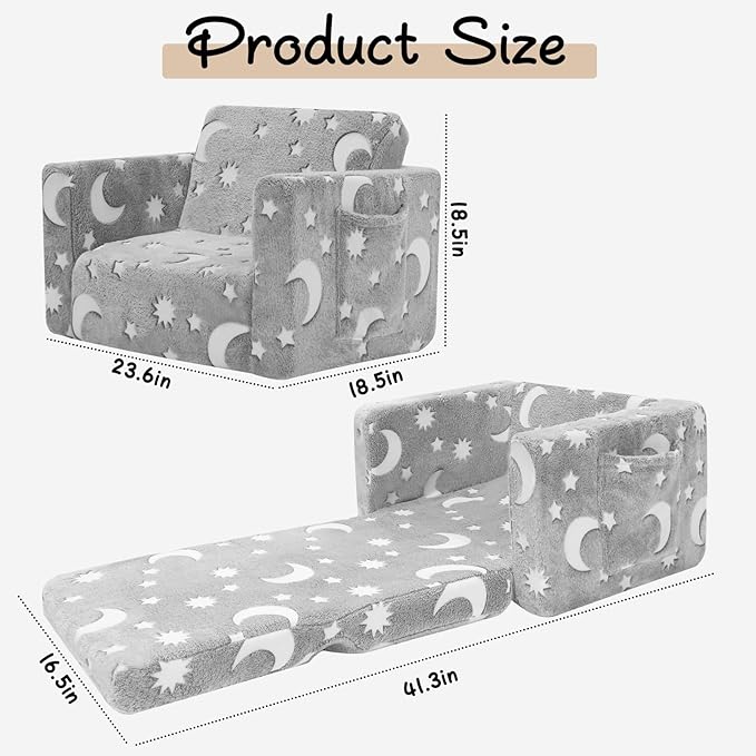 SLIGUY Toddler Couch, Toddler Chair. Kids Couch, Baby Couch, Couch for Kids, Toddler Convertible to Lounger Pull Out Couch, Glow in The Dark Sofa Chair for Boys Medium
