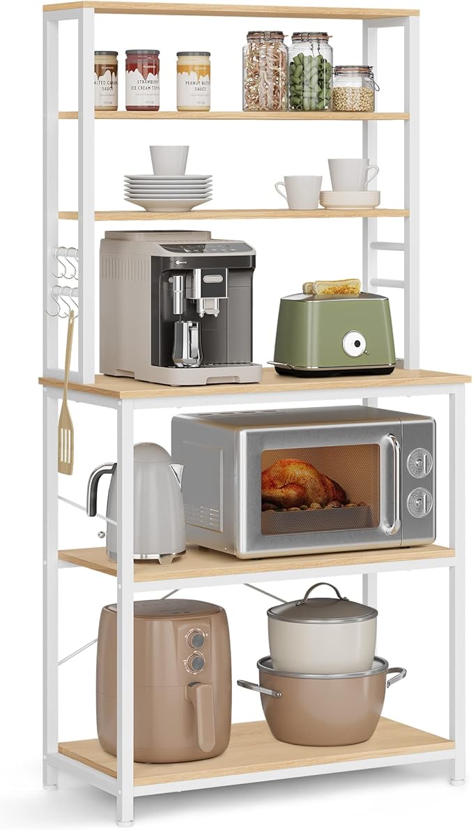 VASAGLE Coffee Bar, 31.5 Inches Baker's Rack for Kitchen with Storage, 6-Tier Kitchen Shelves with 6 Hooks, Microwave Stand, Industrial, Oak Colour and White UKKS019W09