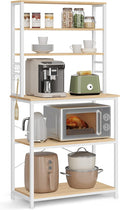 VASAGLE Coffee Bar, 31.5 Inches Baker's Rack for Kitchen with Storage, 6-Tier Kitchen Shelves with 6 Hooks, Microwave Stand, Industrial, Oak Colour and White UKKS019W09
