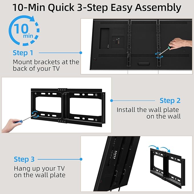 HOME VISION Heavy Duty Fixed TV Wall Mount for Most 32-86 Inch Flat TVs, Max VESA 600X400mm up to 165lbs Fits 16/18/24 Inch Wood Studs, Universal Low Profile Wall Mount TV Bracket, Space Saving HV8601