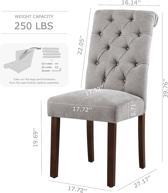 COLAMY Button Tufted Dining Chairs Set of 2, Parsons Upholstered Fabric Dining Room Chairs Kitchen Chairs with Wood Legs and Padded Seat, Light Grey