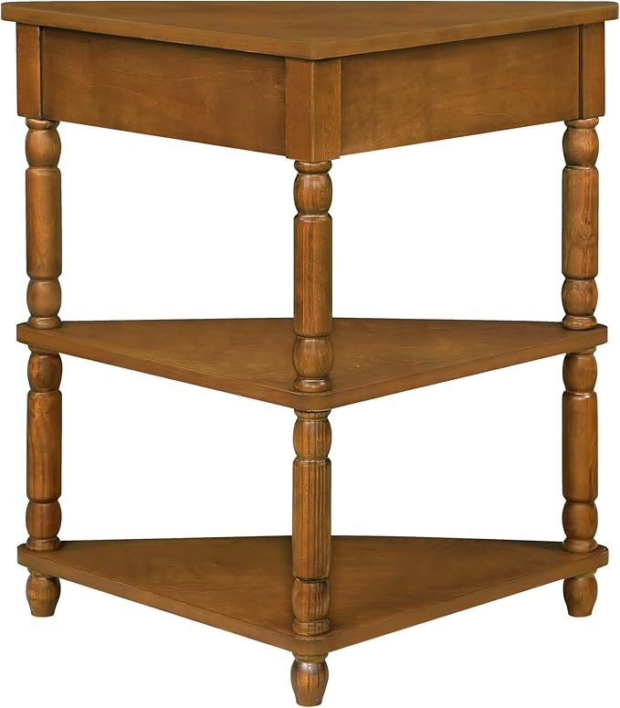 GDFStudio Trmxmbi 3 Tier Corner Console Table with 1 Storage Drawers and Shelves, 33.8'' Rustic Wood Triangle Sofa End Table for Small Spaces, Solid Wood Legs, Brown