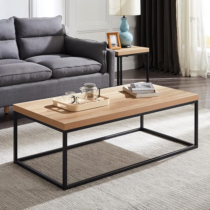 CENSI 47-Inch Natural Oak Coffee Table for Living Room, Modern Industrial Rectangular Wood and Metal Center Table with Extra Thick Tabletop (Natural Wood)