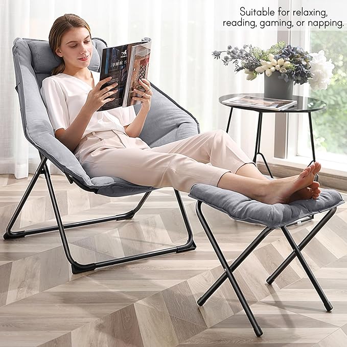 Hexagon Foldable Living Room Chair, Saucer Chair for Adults, Comfy Bedroom Lounge Chair, Moon Chair, Lazy Folding Chair for Dorm Rooms (Ottoman-Grey)
