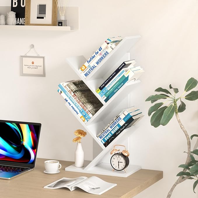 5 Tier Tree Book Shelf, Small Desktop Bookshelf with Storage Organizer, Wood Bookcase, Desk Display Bookshelves, Floor Standing Organizer Bookcases for Living Room,Bedroom,Office-White