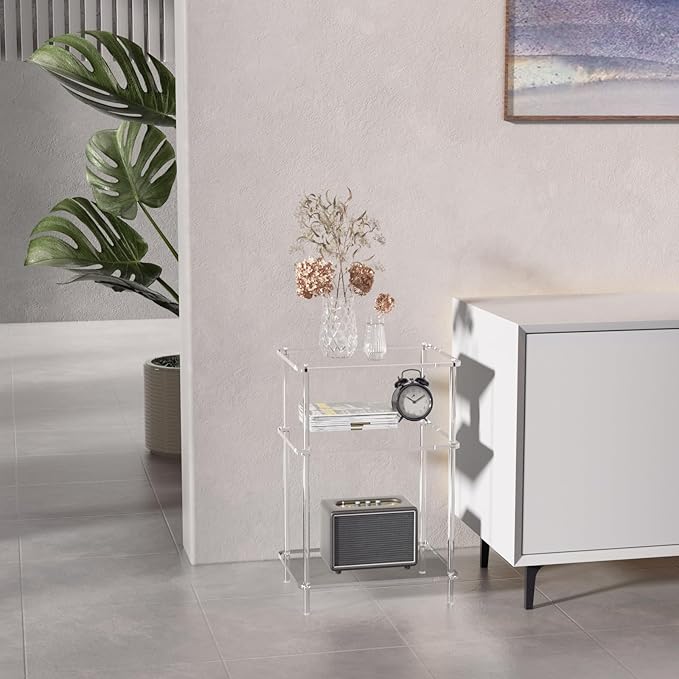 Acrylic Side Tables with 3 Shelve,Bedside Table Clear Nightstand for Bedroom Modern End Table for Living Room, Sofa Table, Side Table 15.7" L x11.8 Wx 23.6" H