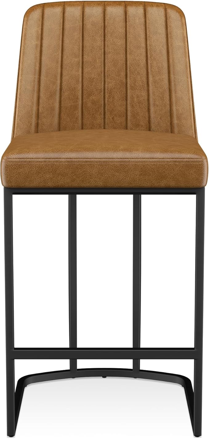 Counter Height Bar Stools Set of 4, Upholstered Leather Barrel Barstools with Back and Metal Legs for Kitchen Island, 27.4" Seat Height, Fabric in Faux Leather, Rustic Brown
