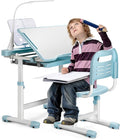 Rengue Kids Desk and Chair Set Height Adjustable School Study Desk and Chair with 55° Tiltable Desktop, 3 Modes &3 Brightness LED Lamps, Storage Drawer and Metal Hook for Boys Girls Gifts (Blue)