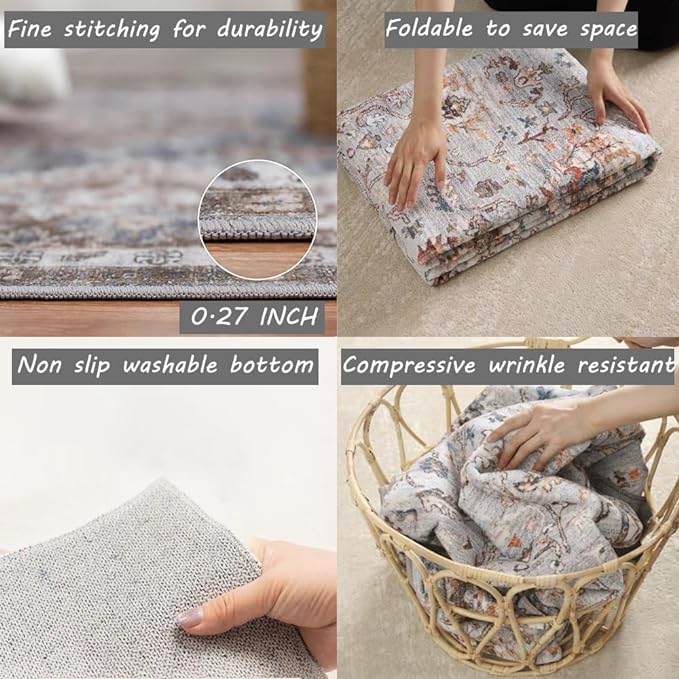 5x7 Washable Thin Foldable Area Rug Gray Vintage Rug Traditional Floor Cover Retro Kitchen Indoor Distressed Non Slip Carpet Floral Print Mat Bedroom Living Room
