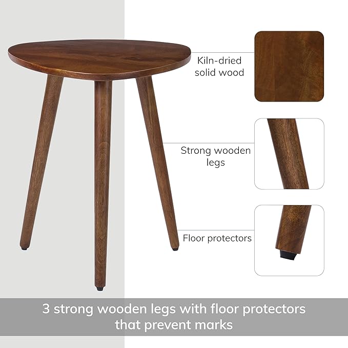 MH London Tri Pin Side Table I Handmade Natural Mango Wood, Naturally Moisture Resistant, Maintenance Free I 16" x 16" x 18" I Tora, Walnut