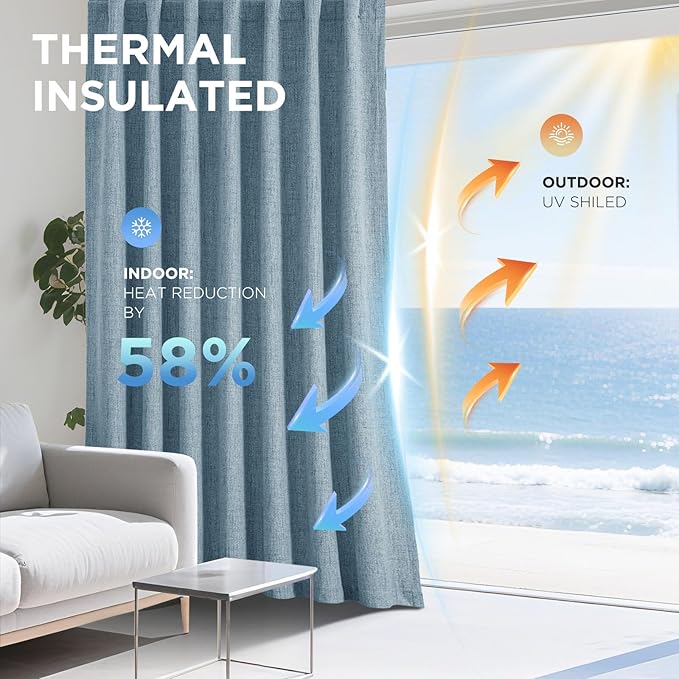 Joydeco 100% Blackout Curtains for Bedroom - Natural Linen Curtains 108" L Long, Thermal Insulated 2 Panels Sky Blue Light Blocking Drapes, Rod Pocket & Back Tabs, Darkening Privacy for Living Room