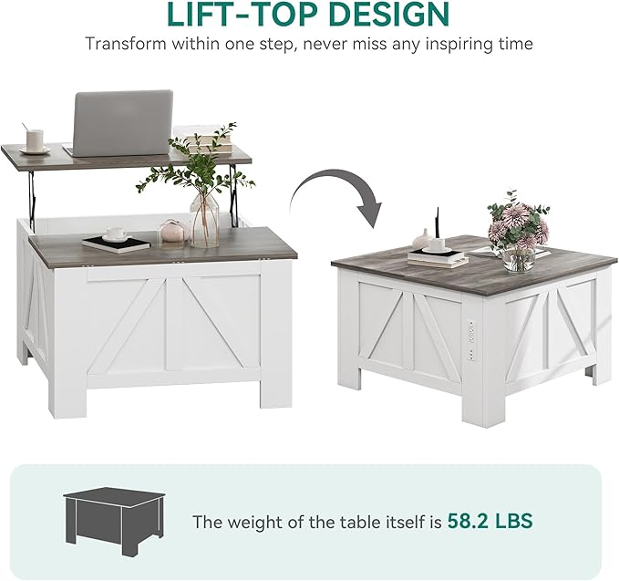 YITAHOME Farmhouse Lift Top Coffee Table with Storage, Wood Square Center Table with Charging Station & USB Ports and Hidden Compartment Coffee Tables for Living Room Bedroom, Home Office, White
