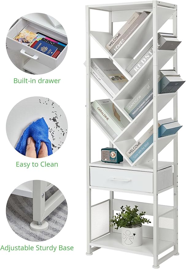 Bookshelf with Drawer,10 Tier Tree Bookcase Retro Floor Standing Bookshelves,Tall Wood Bookcases with Cabinet Storage Organizer for Living Room, Bedroom & Home Office, White