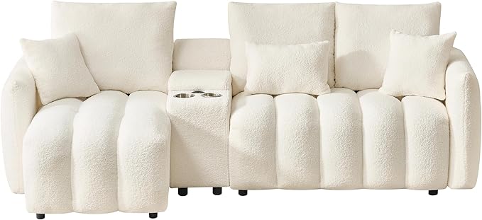 92-Inch Teddy Boucle Tufted Sofa Couch with Storage Console and Chaise Lounge, L-Shaped Left Facing Corner Sectional Sofa Couch with Cupholders, USB Ports and Golden Accent for Living Room Office
