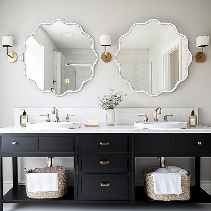 PROHOMEWARE White Round Mirror 28 Inch Wavy Bathroom Vanity Mirror White Frame Modern Wall Mirror Decorative Wall-Mounte Anti-Rust, Tempered Glass
