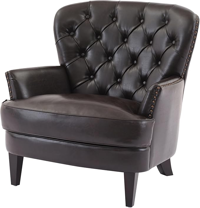 Ball & Cast Accent Chair,Mid-Century Lounge Living Room Chairs with Button Tufting,Upholstered Reading Accent Chair W/Solid Wood Legs and Curved Backrest,for Bedroom,Apartment,Dark Brown