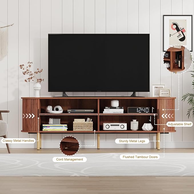 70.1" TV Stand, Modern TV Console Table with Storage Compartment and Sliding Door, Gaming Entertainment Center with Cabinet for Living Room, Bedroom, Office, Walnut