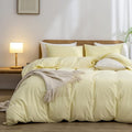 BESTOUCH Duvet Cover Set 100% Washed Cotton Linen Feel Super Soft Comfortable Chic Lightweight 3 PCs Home Bedding Set Solid Light Yellow Full/Double