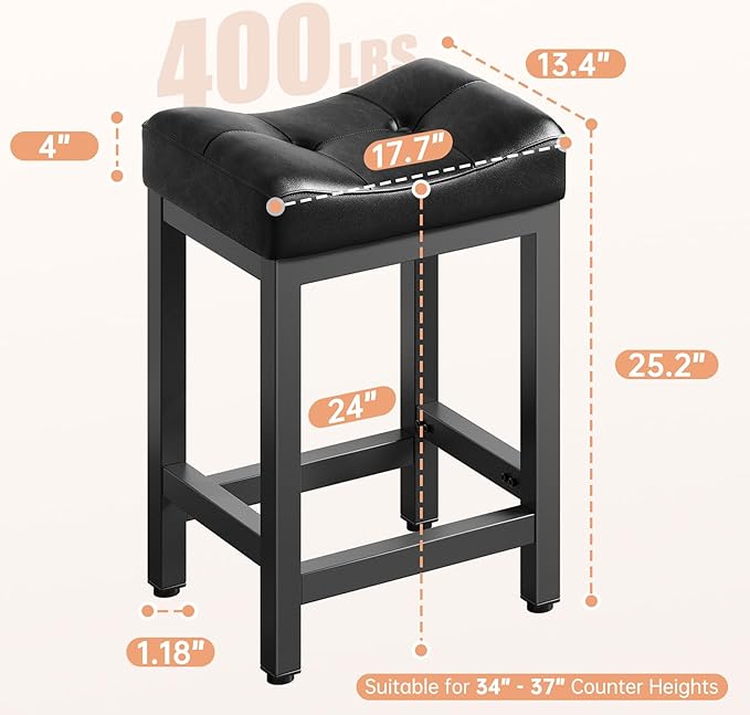Dripex Modern Backless Bar Stools with 4" Thick Seats, Faux Leather Heavy Duty Saddle Counter Height Barstool with Solid Metal Legs for Kitchen Island, Black