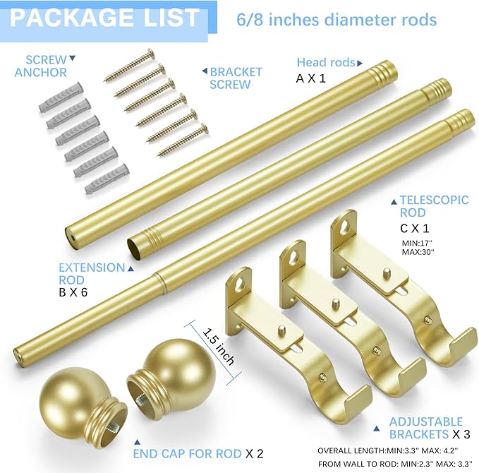 Curtain Rods for Windows 16 to 120 Inches, Curtain Rod Max Adjustable Length of 132 IN, 6/8" Diameter Drapery Rods Round Finials, Warm Gold, Pack of 1