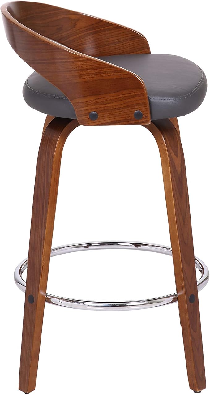 Armen Living Sonia 26" Counter Height Swivel Gray Faux Leather and Walnut Wood Bar Stool - Set of 4