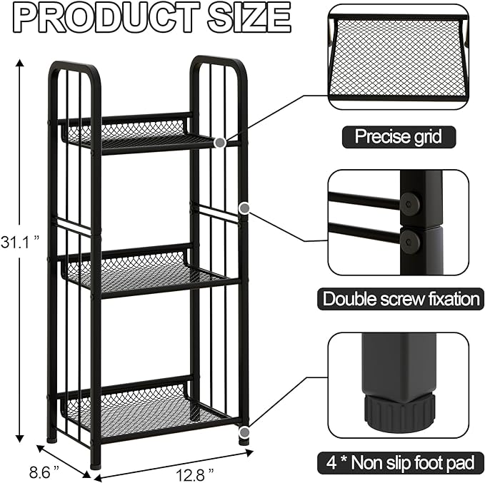 Bookshelf Storage Shelf Bookcase Freestanding Storage Stand for Living Room, Bedroom, Kitchen, Rust Resistance, Easy Assemblyl Free Combination Multi-Functional Organizer (3 Tiers, Black)