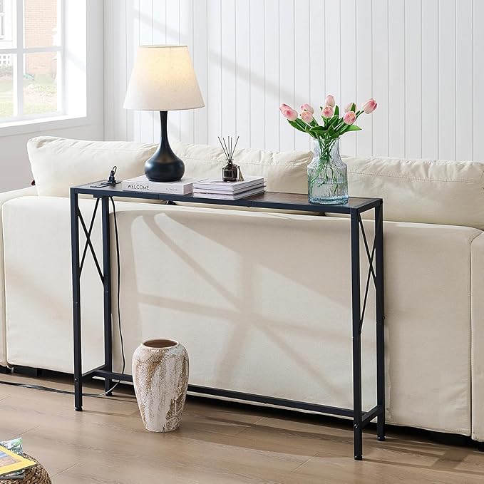 41.8" Console Table, Narrow Behind The Couch Table with Outlet, Industrial Skinny Stand for Hallway, Entryway, Living Room, Bedroom, 6.5 Feet Power Cord,Rustic Brown
