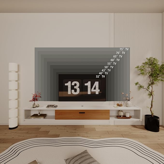 70'' Floating TV Stand,Wall Mounted TV Console,Floating TV Cabinet,Under TV Shelf for Bedroom Living Room(White)