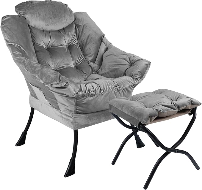 Lazy Chair with Folding Ottoman,Living Room Chairs, Accent Contemporary Lounge Chair, Single Steel Frame Leisure Sofa Chair with Armrests and A Side Pocket (DL22GRAY)
