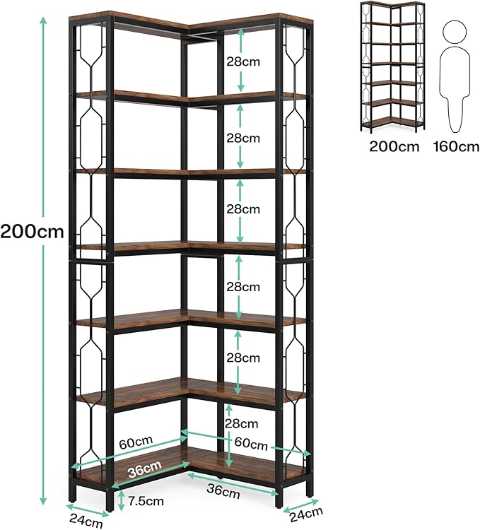 Tribesigns Corner Shelf, 7-Tier Industrial Corner Bookshelf, Wood and Metal Etagere Bookcase, Freestanding Display Shelf for Living Room, Kitchen, Home Office, Rustic Brown