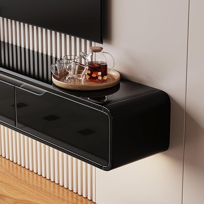 High Gloss Floating TV Stand with 3 Doors,86'' Wall Mounted TV Cabinet,Under TV Console,Floating Media Shelft for Bedroom Living Room(Black)