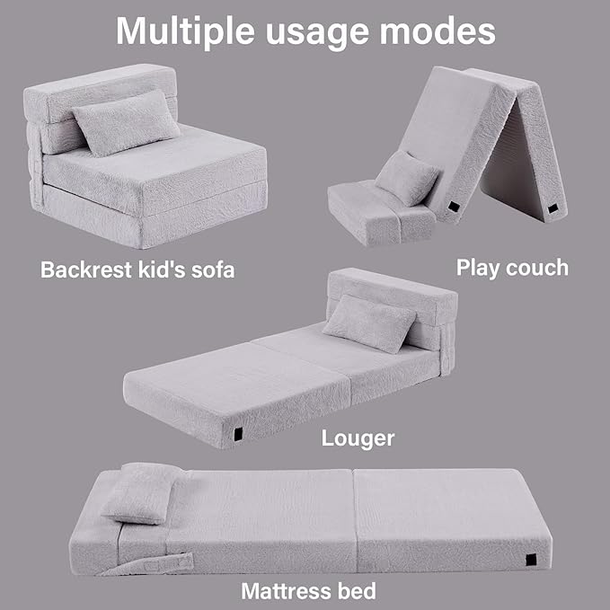 Folding Sofa Bed Floor Mattress for Kids with Pillow, Toddler Washable Folding Floor Nap Mat for Sleeping Daycare, Child Fold Up Sofa Futon Chair Bed with Storage Bag for Girls and Boys