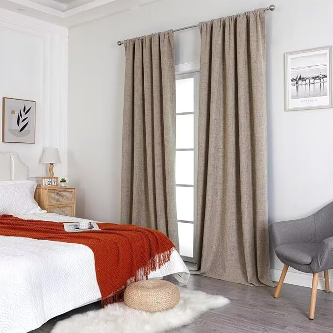 Joydeco Natural Linen Curtains 108 inch Length 2 Panels Set Burg 100% Blackout Patio Door Curtain Room Darkening Sliding Door Curtains Thermal Insulated Back tab Rod Pocket(105x108 inch, Linen)