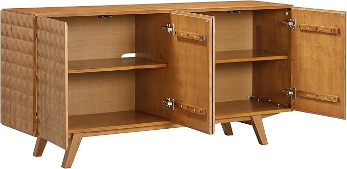 NTC Sapa Mid-Century Modern Solid Wood Sideboard – 4-Door Accent Buffet Cabinet with Carved Geometric Fronts, for Living Room, Dining Room, or Entryway, Effortless Assembly, Teak Look