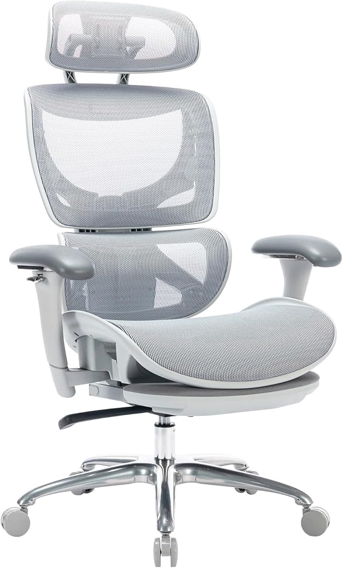 COLAMY Ergonomic Mesh Office Chair with Footrest, Executive High Back Computer Desk Chair with Wide Headrest and Adjustable 3D Arms, Backrest Height, Tilt Lock and Lumbar Support, Grey