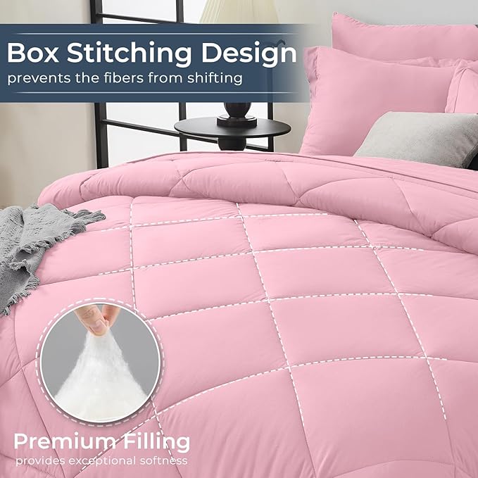 HEVUMYI Pink Twin Comforter Set - 5-Piece All Season Bed in a Bag Twin, Ultra Soft Bedding Set with Comforter, Flat Sheet, Fitted Sheet, Pillowcases, Pillow Shams, Pink