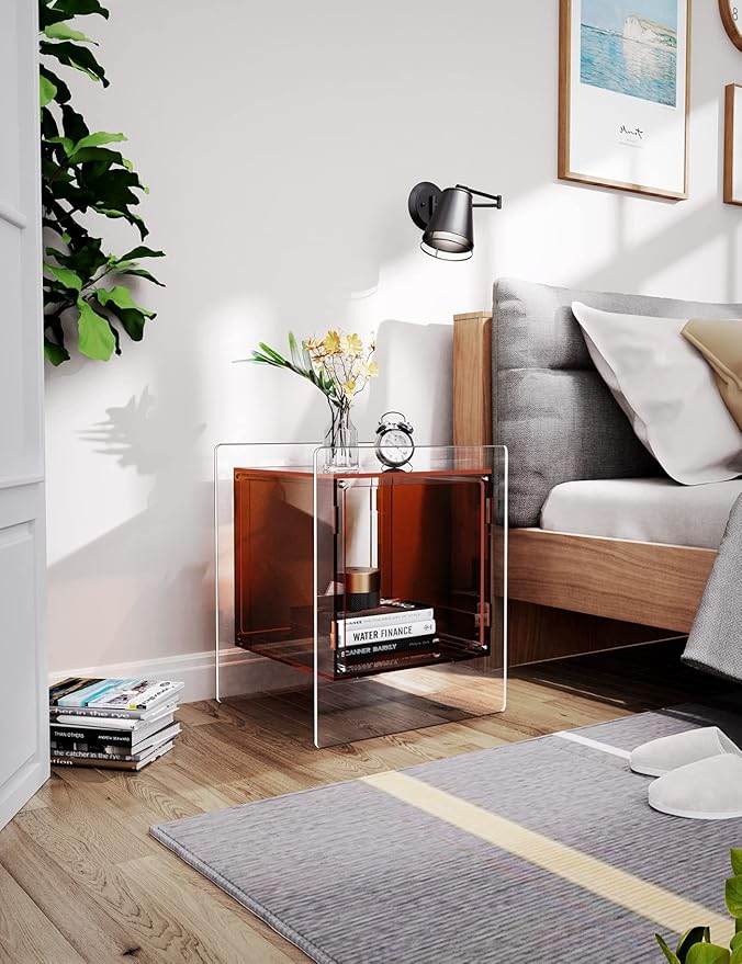 Acrylic Nightstand Colorful Bedside Table with Open Storage Shelf,Clear Side Table for Living Room (1, Dark Brown)