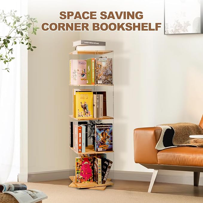 Rotating Bookshelf, 360 Degree Revolving Bookcase, 4-Tier Spinning Bookshelf, Clear Acrylic & Solid Wood Rotating Bookcase for Kid’s Playroom, Bedroom and Living Room, Square