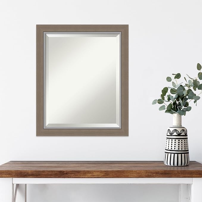 Amanti Art Brown Wall Mirror 23x19 Eva Brown Narrow Rectangle Bathroom Mirror for Wall Decor Living Room, Small Country Rustic Frame, Hangs Horizonally and Vertically, Bathroom Decor, Beveled Edge