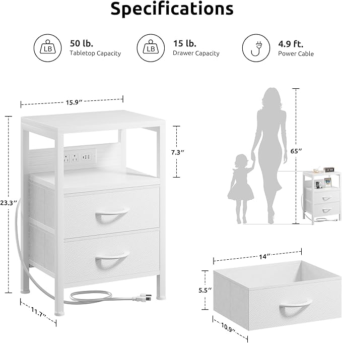 NightStand Bedside Charging Table Bedroom - Night Stand with Charger Station, White Modern Bed Side End Table with Open Shelf & 2 Fabric Drawers, USB-C USB Ports & AC Outlets for Dorm, Living Room