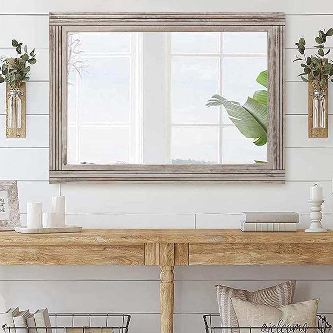 YOSHOOT Hand-Made Wooden Spliced Wall Mirror for Bathroom, Rustic Farmhouse Vanity Mirror, Décor Wall Art, Solid Wood Frame, Vertical or Horizontal Hanging