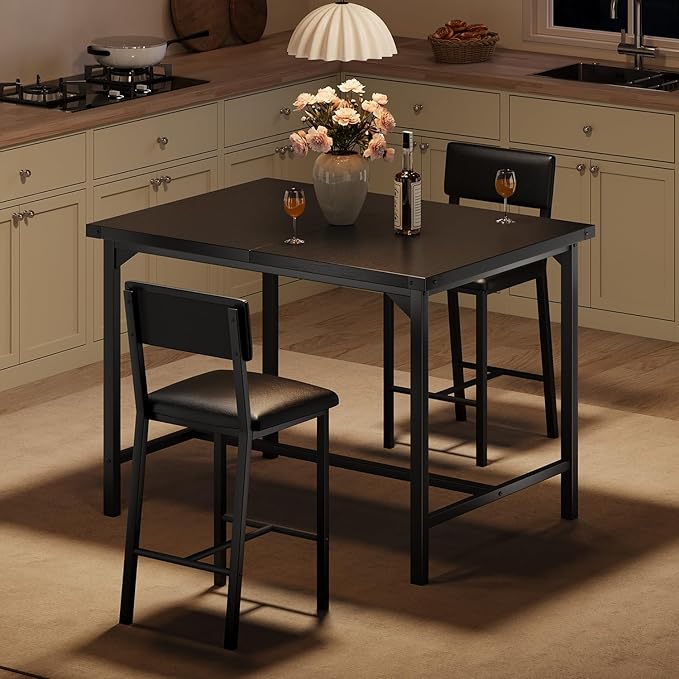 IDEALHOUSE Dining Table Set for 2 w/Counter Height Table & 2 Upholstered Bar Stools, 3-Piece Kitchen Table Set with Footrest & Corner Protector, for Kitchen Room, Apartment, Pub