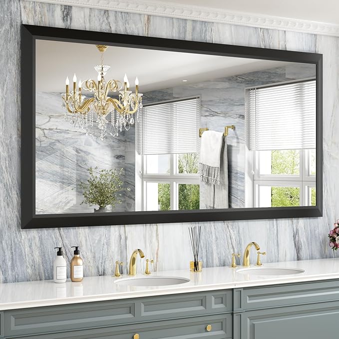 Amorho Black Bathroom Mirror, 72 X36 Inch Thick Metal Framed Wall Mirrors for Over 2 Sinks, Bedroom, Living Room, Entryway, Large Rectangle Wall-Mounted Mirrors.