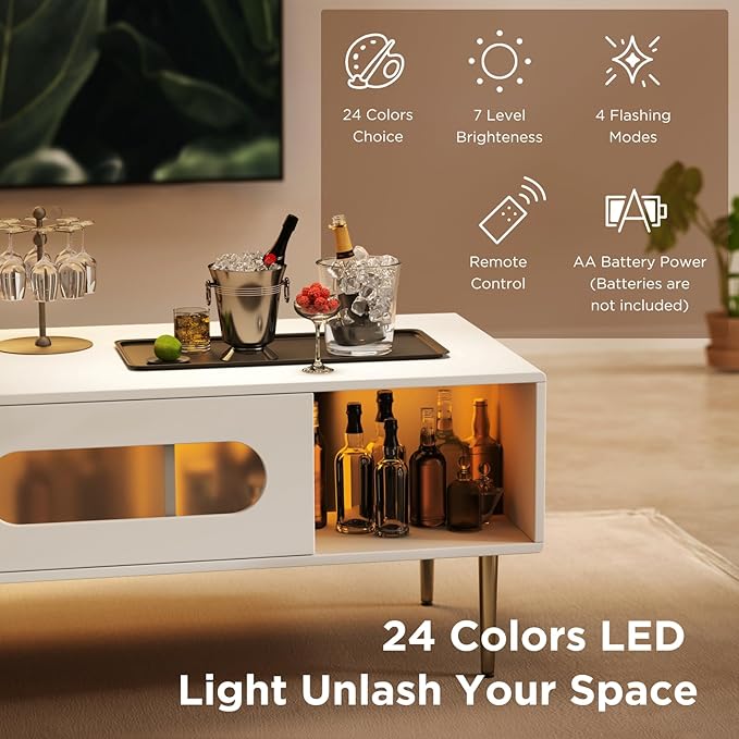 Modern Coffee Table for Living Room - LED Living Room Table with 4 Storage Compartments, Semi See-Through Sliding Doors - Glossy Finish, Metal Legs, Rounded Edges - Contemporary Home Furniture